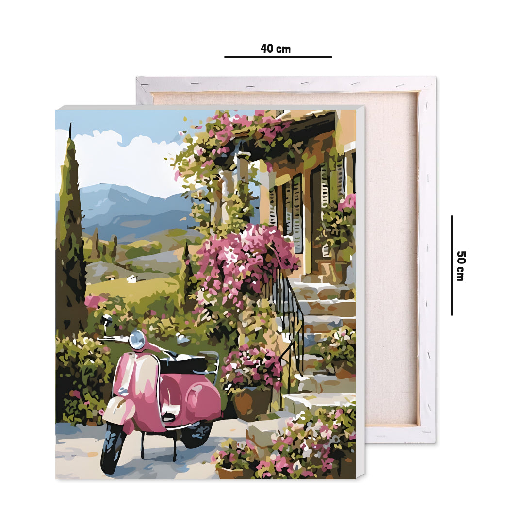 Framed 40 by 50 cm paint by numbers canvas showing Vespa scene dimensions