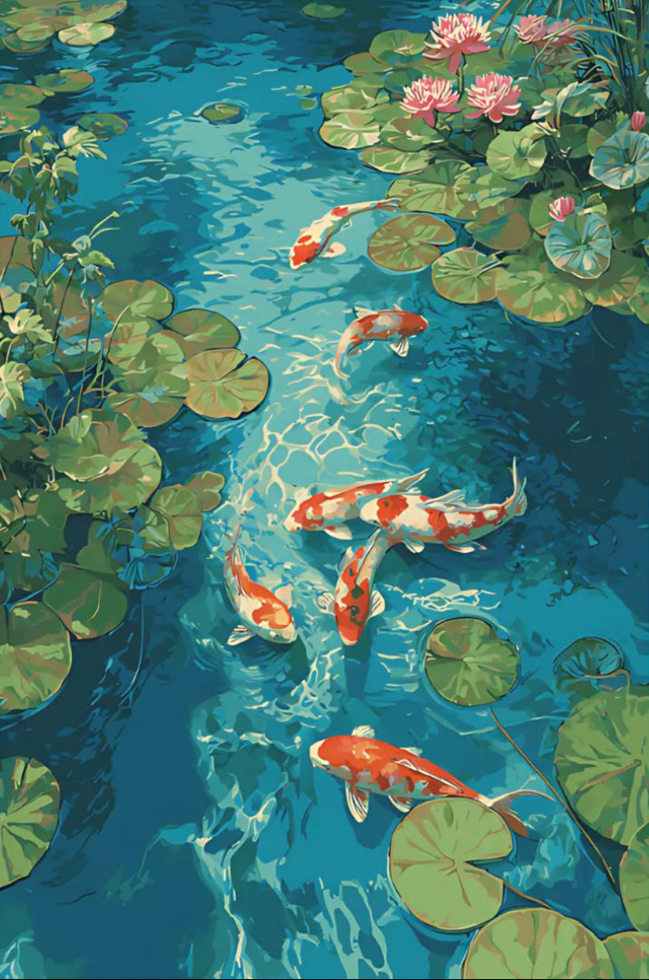 Orange and white koi fish in a blue pond paint by numbers artwork