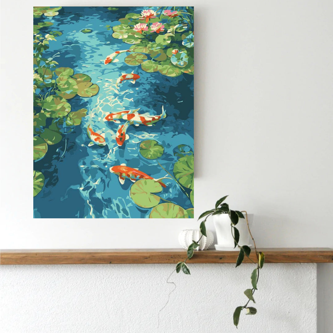 Zen Koi Pond paint by numbers canvas styled as wall art above a console