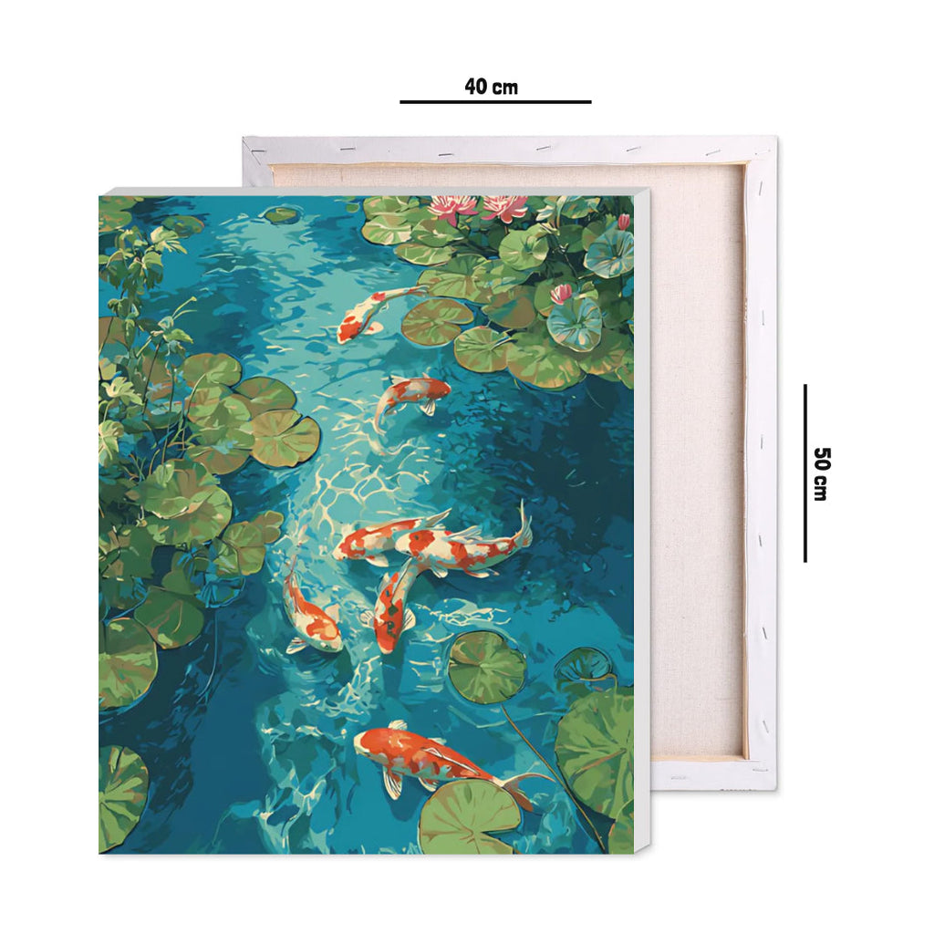 Framed 40 by 50 cm paint by numbers canvas showing koi pond dimensions