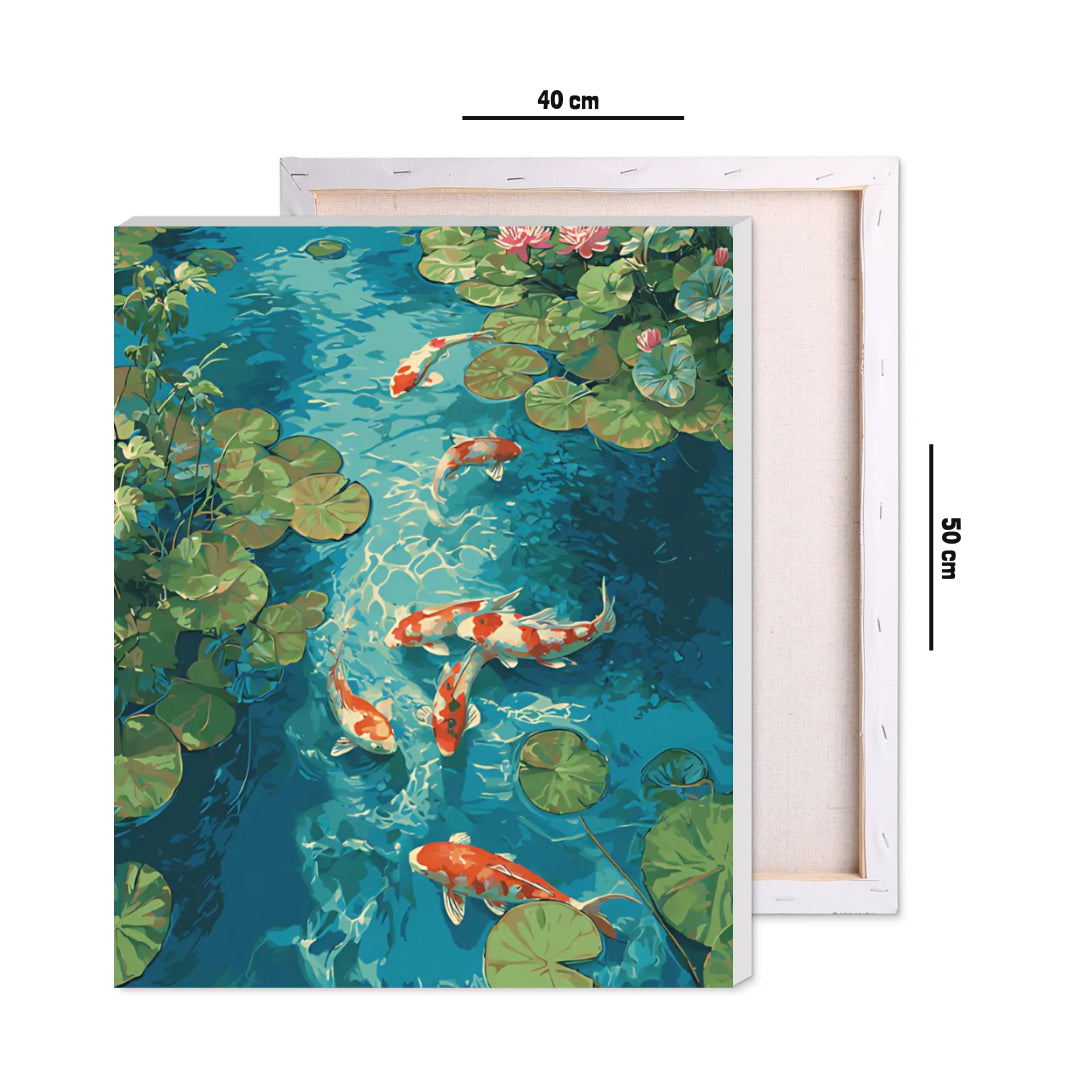 Framed 40 by 50 cm paint by numbers canvas showing koi pond dimensions